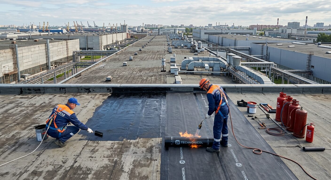 Ремонт кровли промышленных зданий в Санкт-Петербурге — ремонт мягкой кровли складов и ангаров