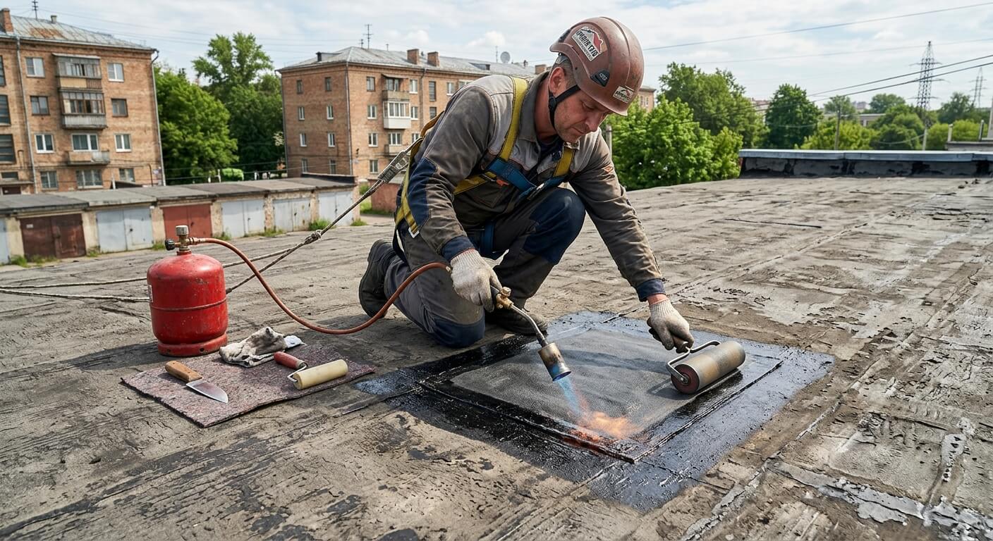Устранение протечек мягкой кровли в Санкт-Петербурге — локальный ремонт наплавляемой кровли и герметизация течи